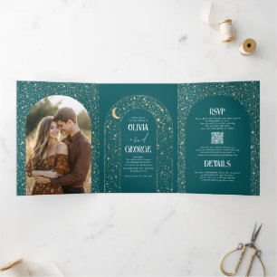 Moon and Stars Arch Celestial Teal Wedding Photo Tri-Fold Invitation