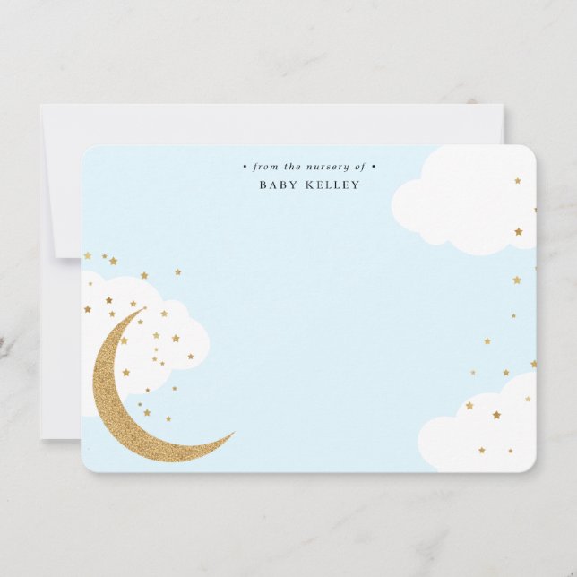 Moon and Stars, Baby Blue Personalised Flat Card (Front)