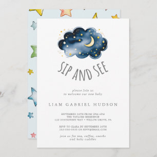 Moon and stars Baby Boy Sip and See Invitation