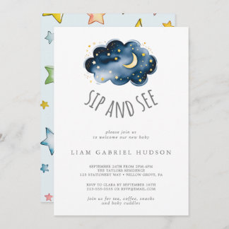 Moon and stars Baby Boy Sip and See Invitation