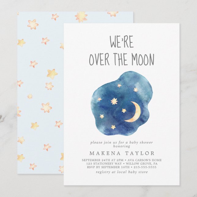 Moon and Stars Baby Boy We're Over the Moon Invitation (Front/Back)