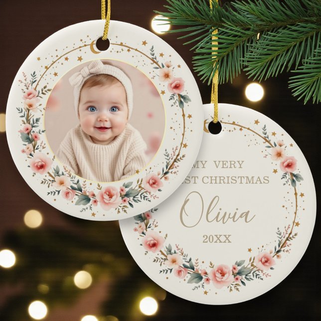 Moon and Stars Baby First Christmas Photo Ceramic Tree Decoration (Creator Uploaded)