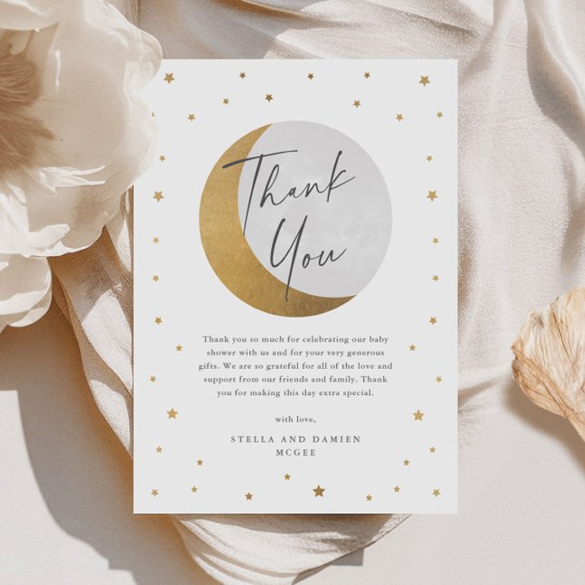 Moon and stars baby shower thank you card (Elegant Gold Moon and Stars Script Gender Neutral Baby Shower Thank You Card.)
