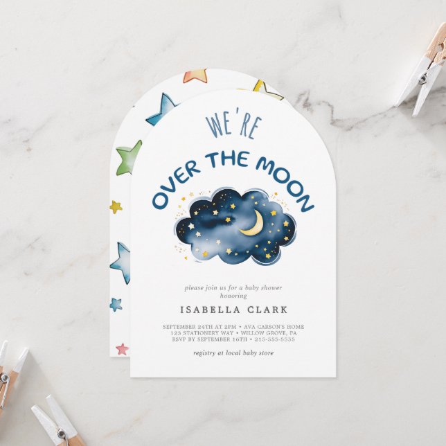 Moon and Stars Baby Shower We're Over the Moon Invitation (Front/Back In Situ)