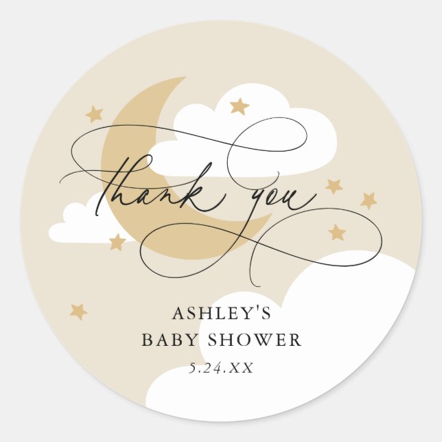 Moon and Stars Beige Script Baby Shower Thank You Classic Round Sticker (Front)