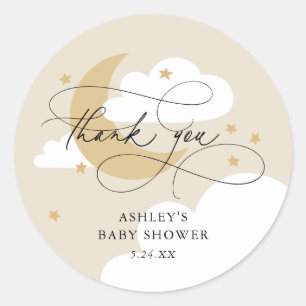 Moon and Stars Beige Script Baby Shower Thank You Classic Round Sticker