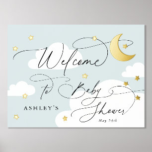 Moon and Stars Blue Clouds Welcome Baby Shower Foil Prints