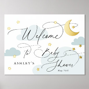 Moon and Stars Blue Clouds Welcome Baby Shower Foil Prints