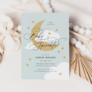 Moon and Stars Blue Elegant Script Baby Sprinkle Invitation