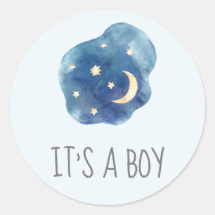 Moon and Stars Blue It's A Boy Baby Shower Sticker