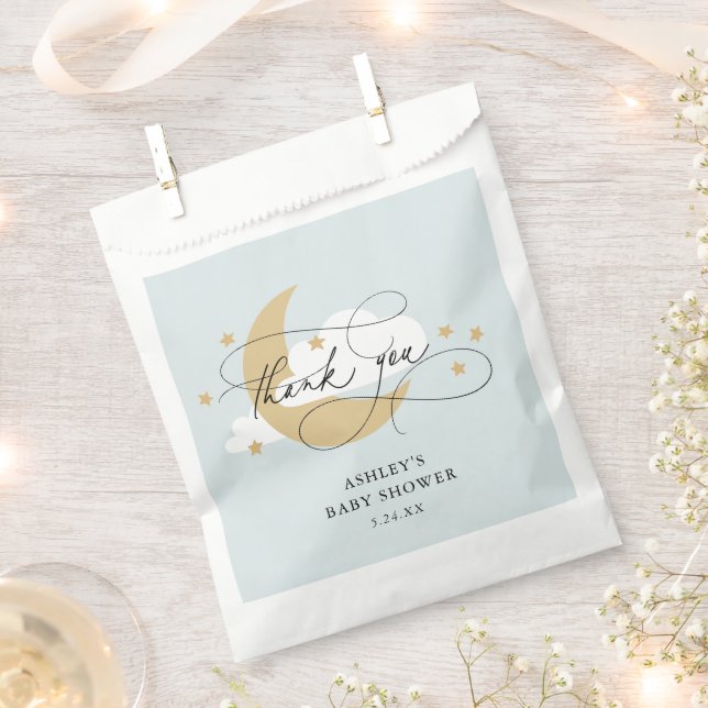 Moon and Stars Blue Script Baby Shower Thank You C Favour Bags (Clipped)