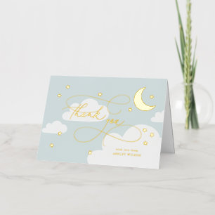 Moon and Stars Blue Script Baby Thank You Foil Greeting Card