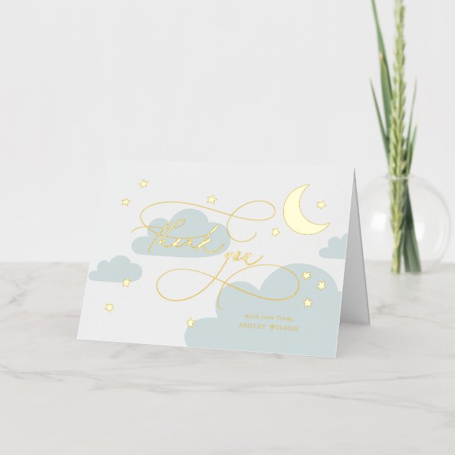 Moon and Stars Blue Script Baby Thank You Foil Greeting Card (Front)