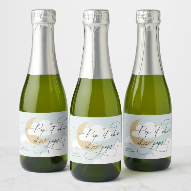 Moon and Stars Blue Script Pop It When She Pops Sparkling Wine Label (Bottles)