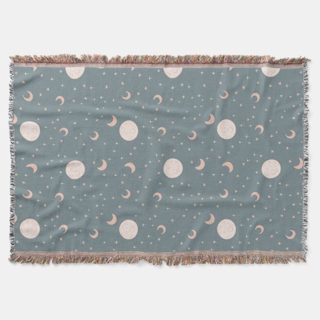 Moon and stars - blue throw blanket (Front)