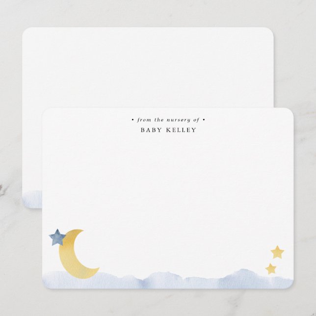 Moon and Stars, Blue Watercolor Personalised Flat Card (Front/Back)