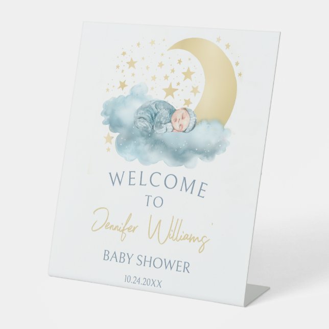 Moon and stars boho baby boy shower welcome pedestal sign (Front)