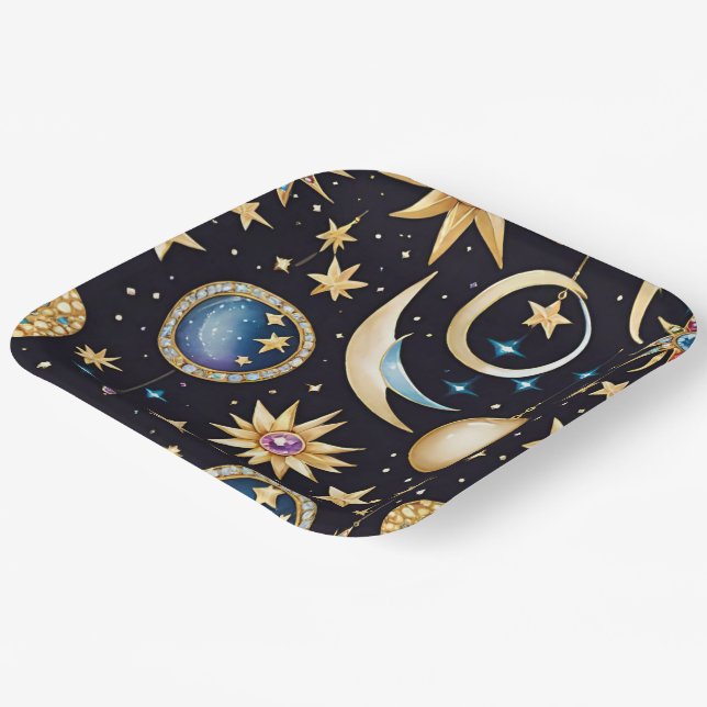 Moon And Stars Celestial Square Paper Plate (Angled)