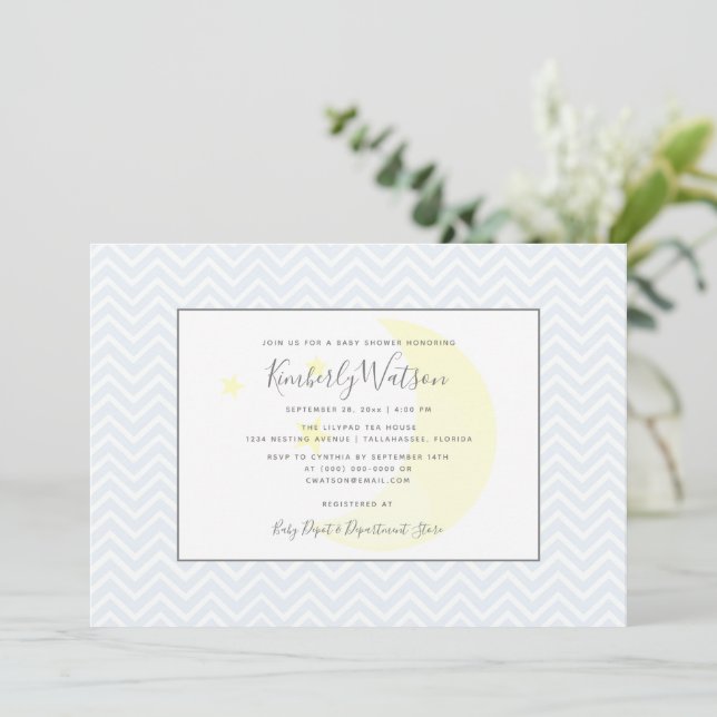 Moon and Stars Chevron Baby Shower | Blue Invitation (Standing Front)