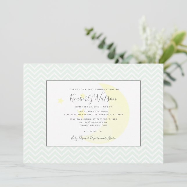 Moon and Stars Chevron Baby Shower | Mint Green Invitation (Standing Front)