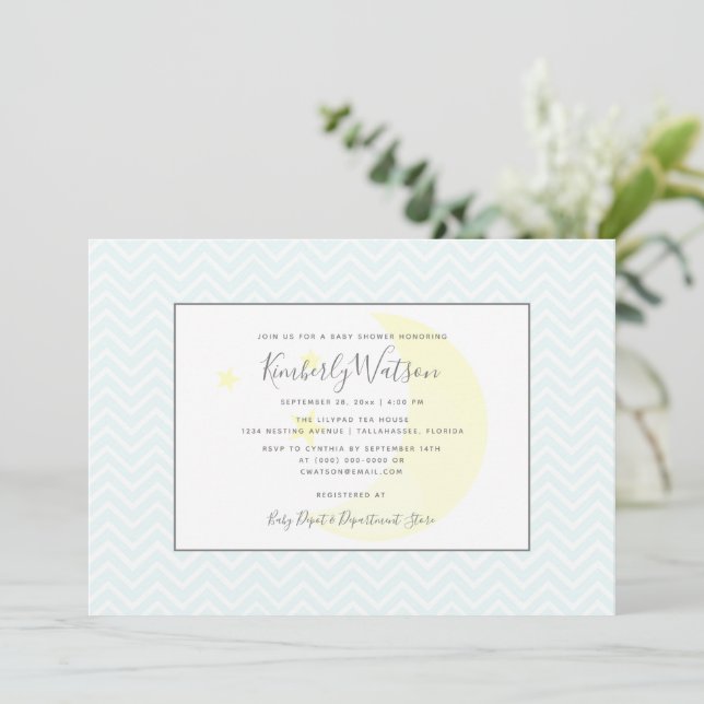 Moon and Stars Chevron Baby Shower | Teal Invitation (Standing Front)