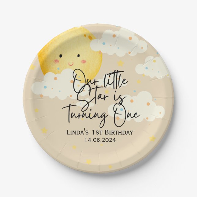 Moon and Stars Cream 1st Birthday Paper Plate (Front)