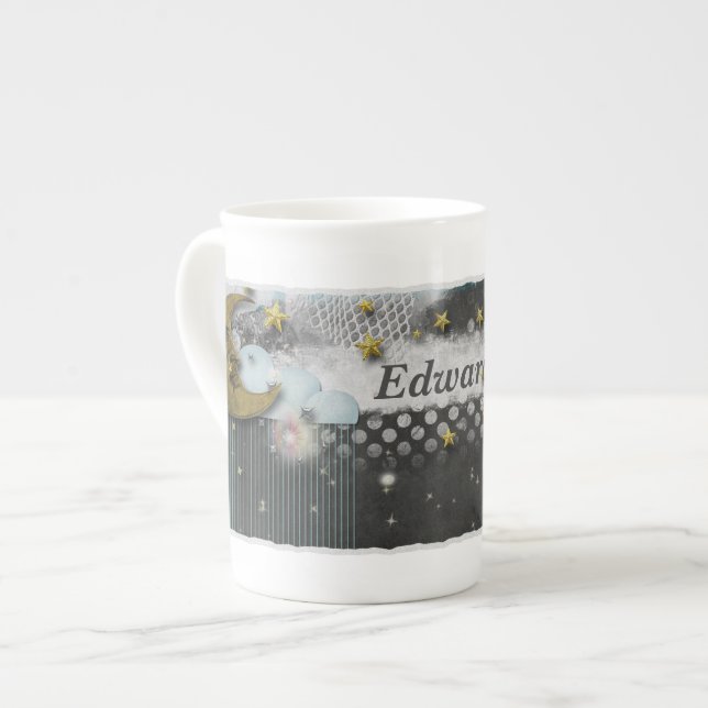 Moon and Stars Custom Monogram Bone China Mug (Front Left)