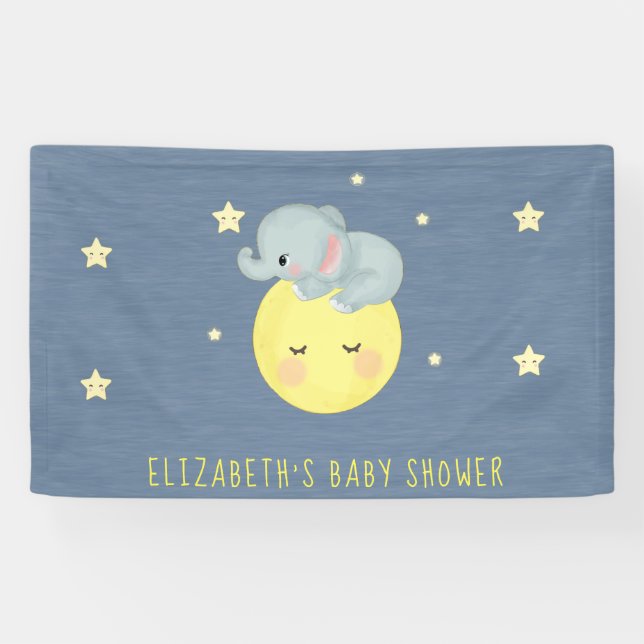Moon and Stars Cute Elephant Baby Boy Shower Banner (Horizontal)