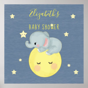 Moon and Stars Cute Elephant Baby Boy Shower Poster