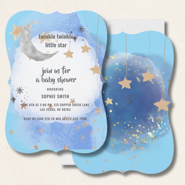 Moon And Stars Dark Blue Watercolor Gold Abstract Invitation (Creator Uploaded)