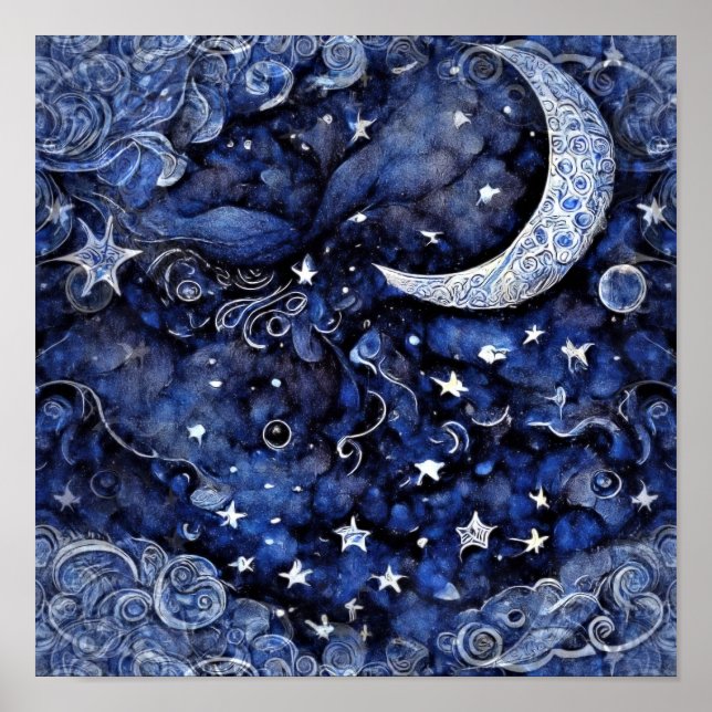 Moon and Stars Deep Blue Night Sky Poster (Front)