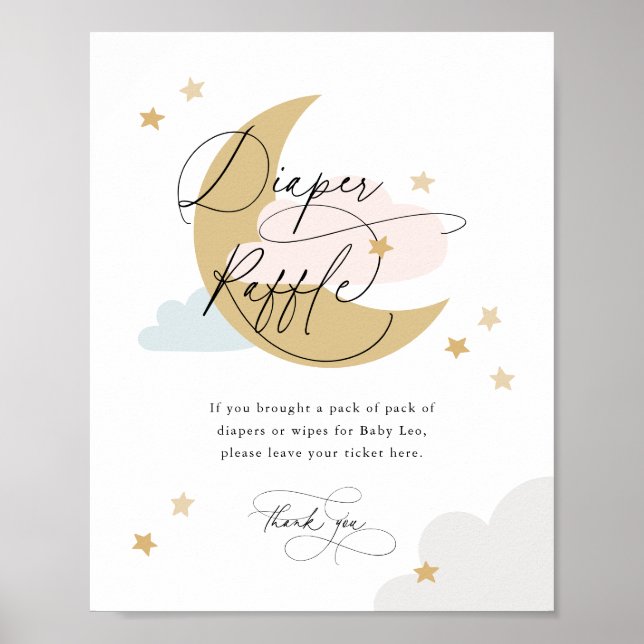 Moon and Stars Diaper Raffle Sign Pink Blue Gold (Front)