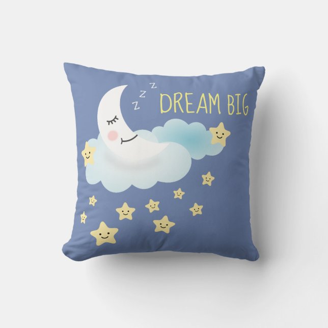 Moon and Stars Dream Big Illustration Blue Cushion (Front)
