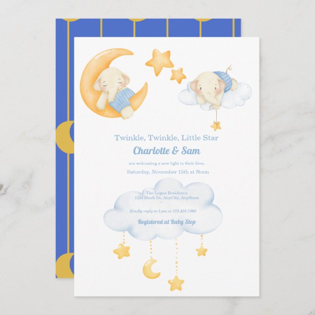 Moon and Stars | Elephant Baby Shower Invitations (Front/Back)