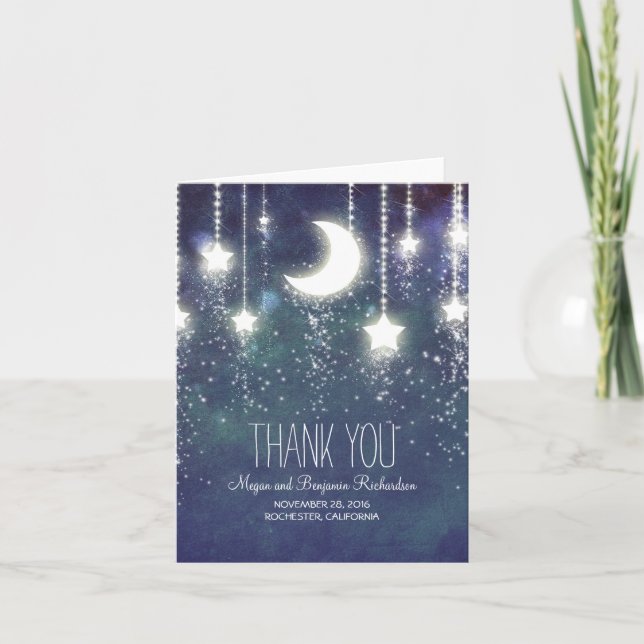 Moon and Stars Enchanted Navy Wedding Thank You Card (Front)