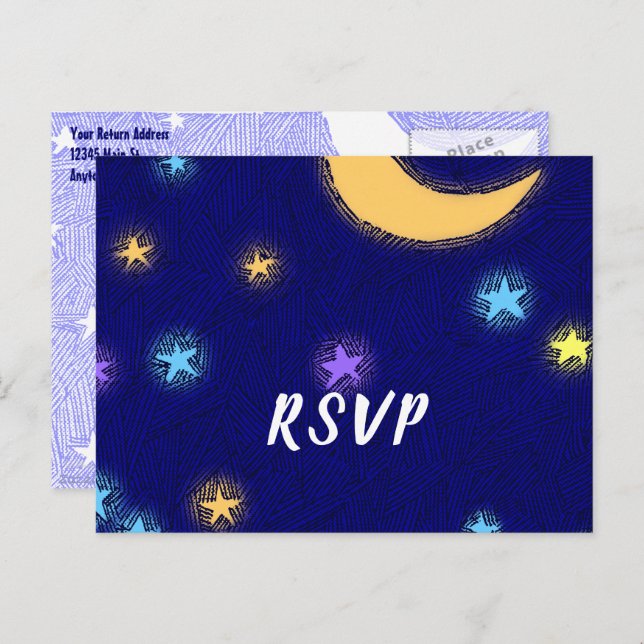 Moon and Stars Etching Custom Party RSVP Postcard (Front/Back)