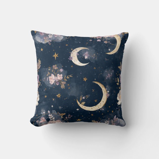 Moon and Stars Floral Throw Pillow (Front)