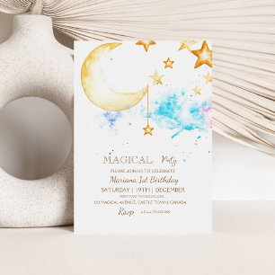 Moon and Stars Girly 1st Birthday Invitation