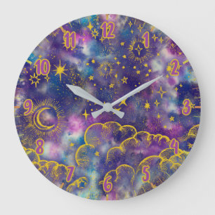 Moon and Stars   Gold, Colourful Large Clock