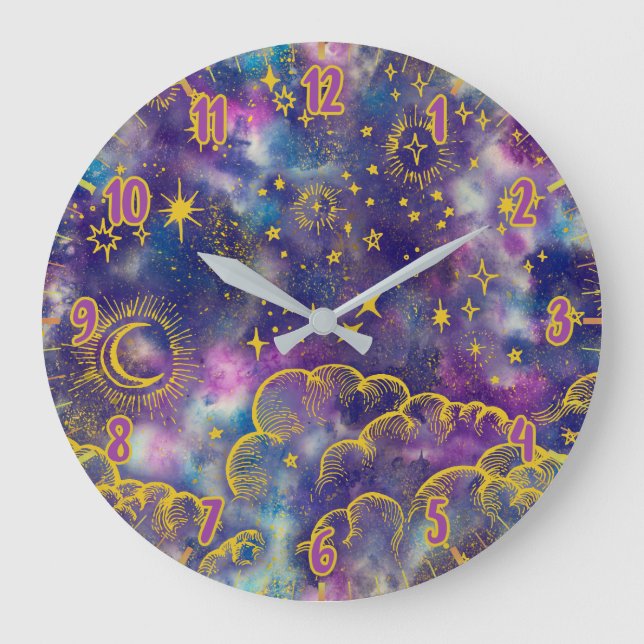 Moon and Stars | Gold, Colourful Large Clock (Front)