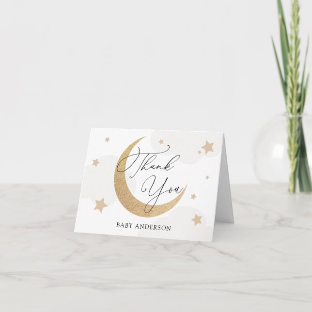 Moon and Stars Grey Clouds Baby Shower Thank You Card (Front)