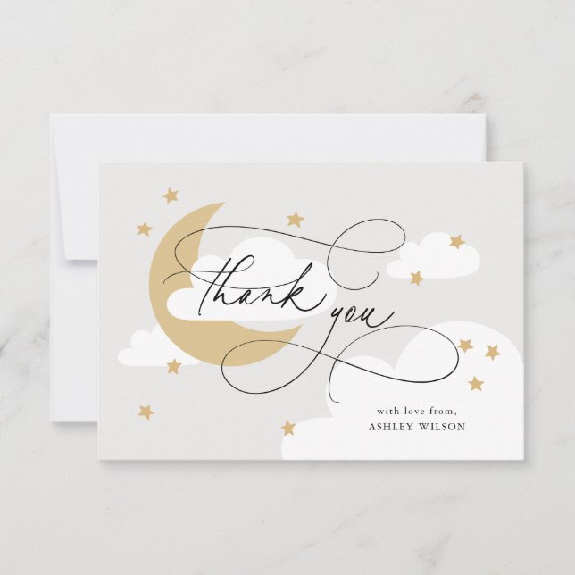 Moon and Stars Grey Gold Script Baby Shower Thank You Card (Front)