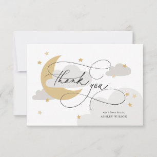 Moon and Stars Grey Script Baby Shower Thank You Card