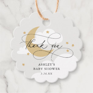Moon and Stars Grey Script Baby Shower Thank You Favour Tags