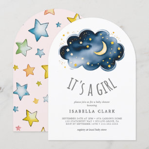 Moon and Stars It's A Girl Baby Shower Invitation