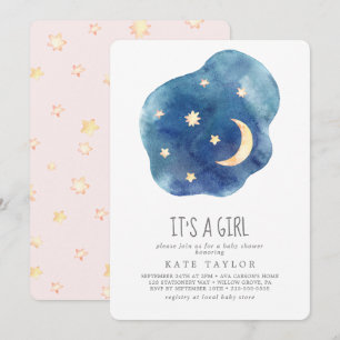 Moon and Stars It's A Girl Baby Shower Invitation