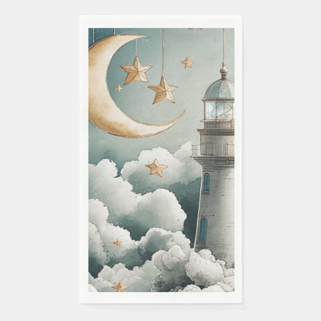 Moon and Stars Lighthouse Guest Towel Napkins (Front)