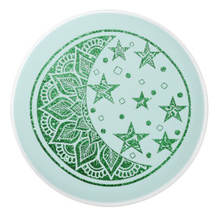 Moon and Stars Mandala in Green Glitter Ceramic Knob