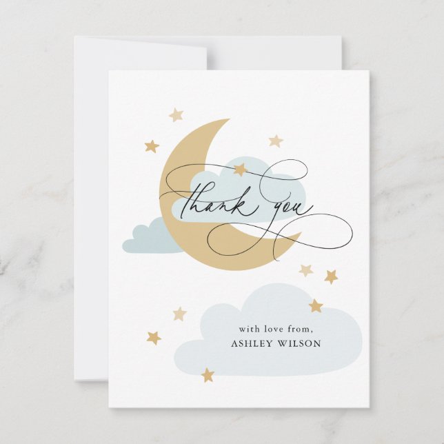 Moon and Stars Matte Blue Script Baby Shower Thank You Card (Front)