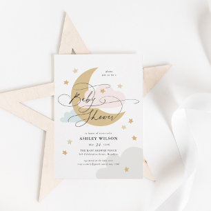 Moon and Stars Matte Pink Blue Script Baby Shower Invitation